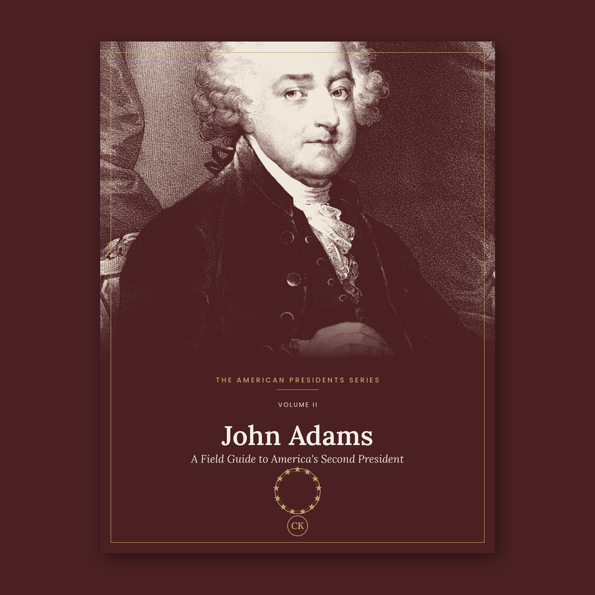 Cover of the John Adams field guide, with a duotone portrait of Adams