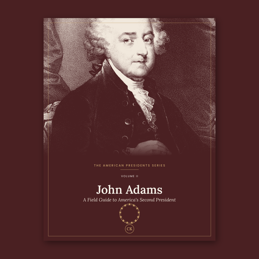 Cover of the John Adams field guide, with a duotone portrait of Adams